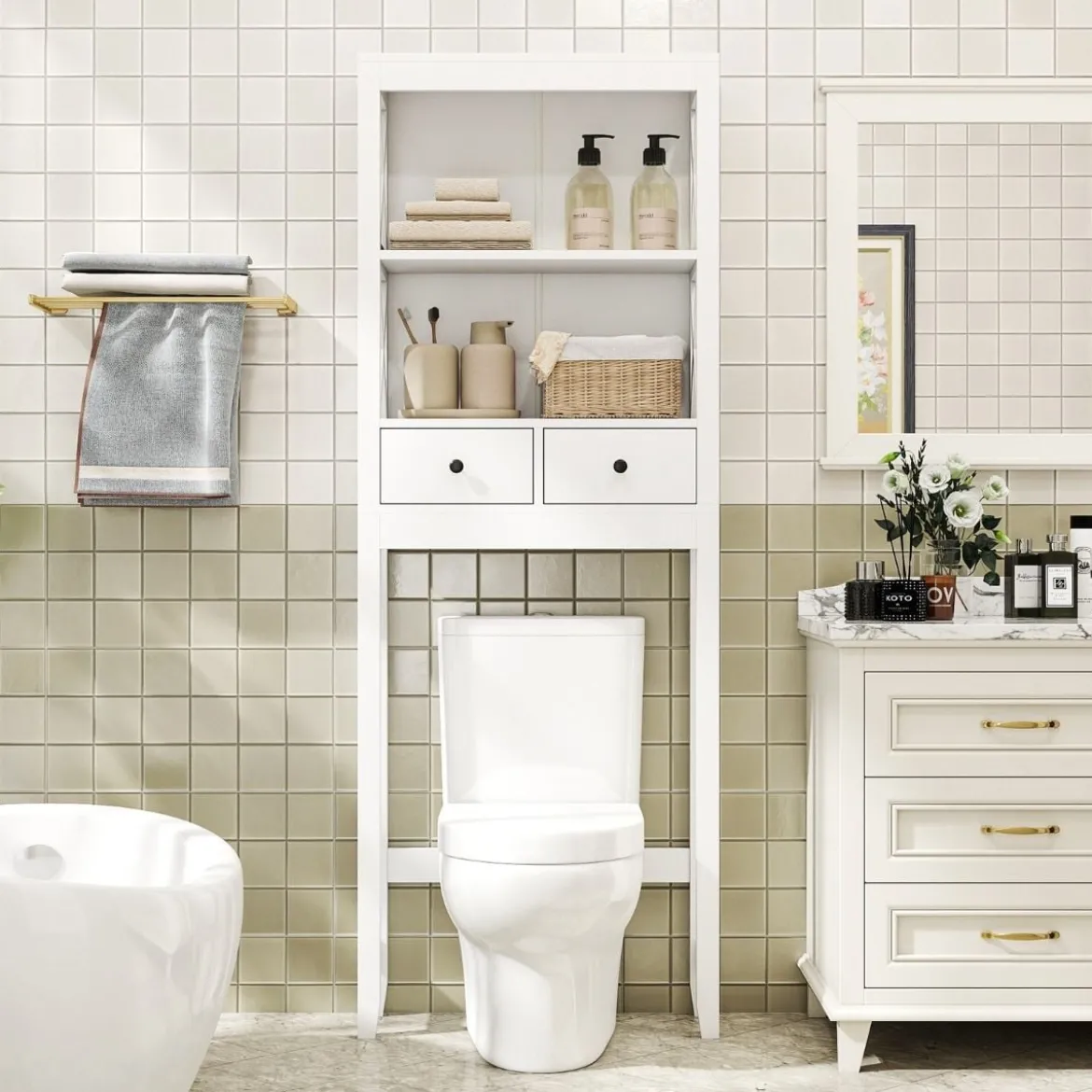 Aufbewahrung über der Toilette 3-stöckiges Toilettenregal mit offenen Regalen 2 Schubladen Weiß