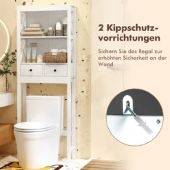 Aufbewahrung über der Toilette 3-stöckiges Toilettenregal mit offenen Regalen 2 Schubladen Weiß