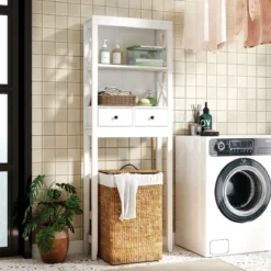 Aufbewahrung über der Toilette 3-stöckiges Toilettenregal mit offenen Regalen 2 Schubladen Weiß