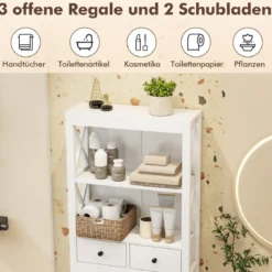 Aufbewahrung über der Toilette 3-stöckiges Toilettenregal mit offenen Regalen 2 Schubladen Weiß
