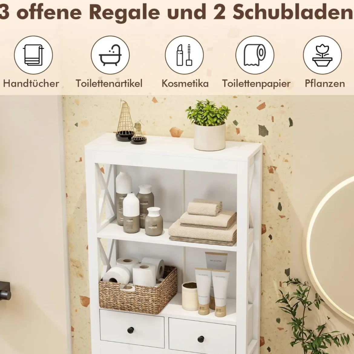Aufbewahrung über der Toilette 3-stöckiges Toilettenregal mit offenen Regalen 2 Schubladen Weiß