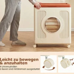 Aufbewahrungsbox für Kleidung mit Deckel und Rollen 122 L rollbarer Wäschekorb Orange