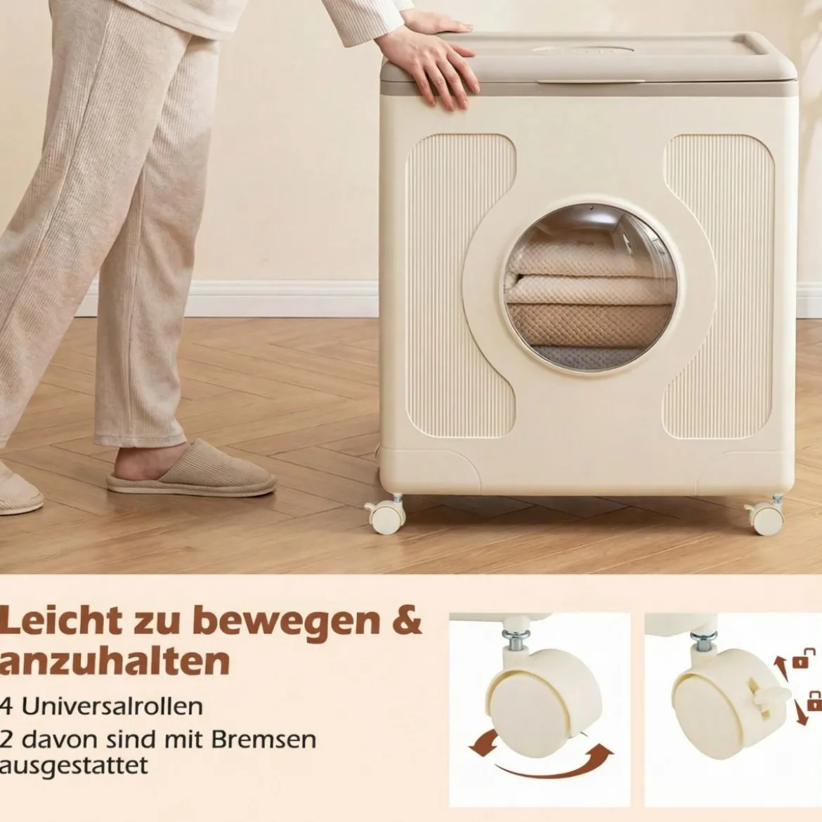 Aufbewahrungsbox für Kleidung mit Deckel und Rollen 122 L rollbarer Wäschekorb Grau