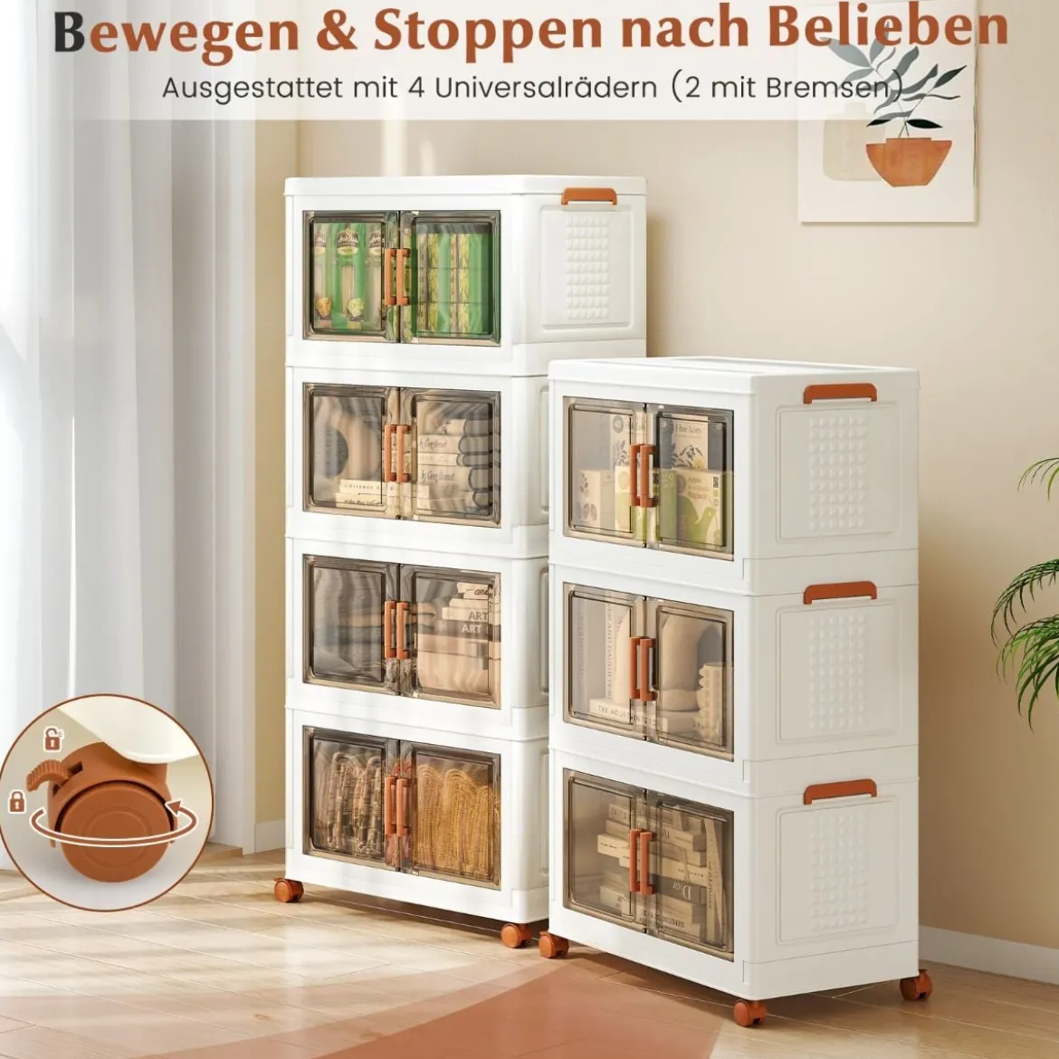 Aufbewahrungsbox mit Deckel & Rollen & Transparenten Türen Faltbare Stapelboxen Kunststoffbox