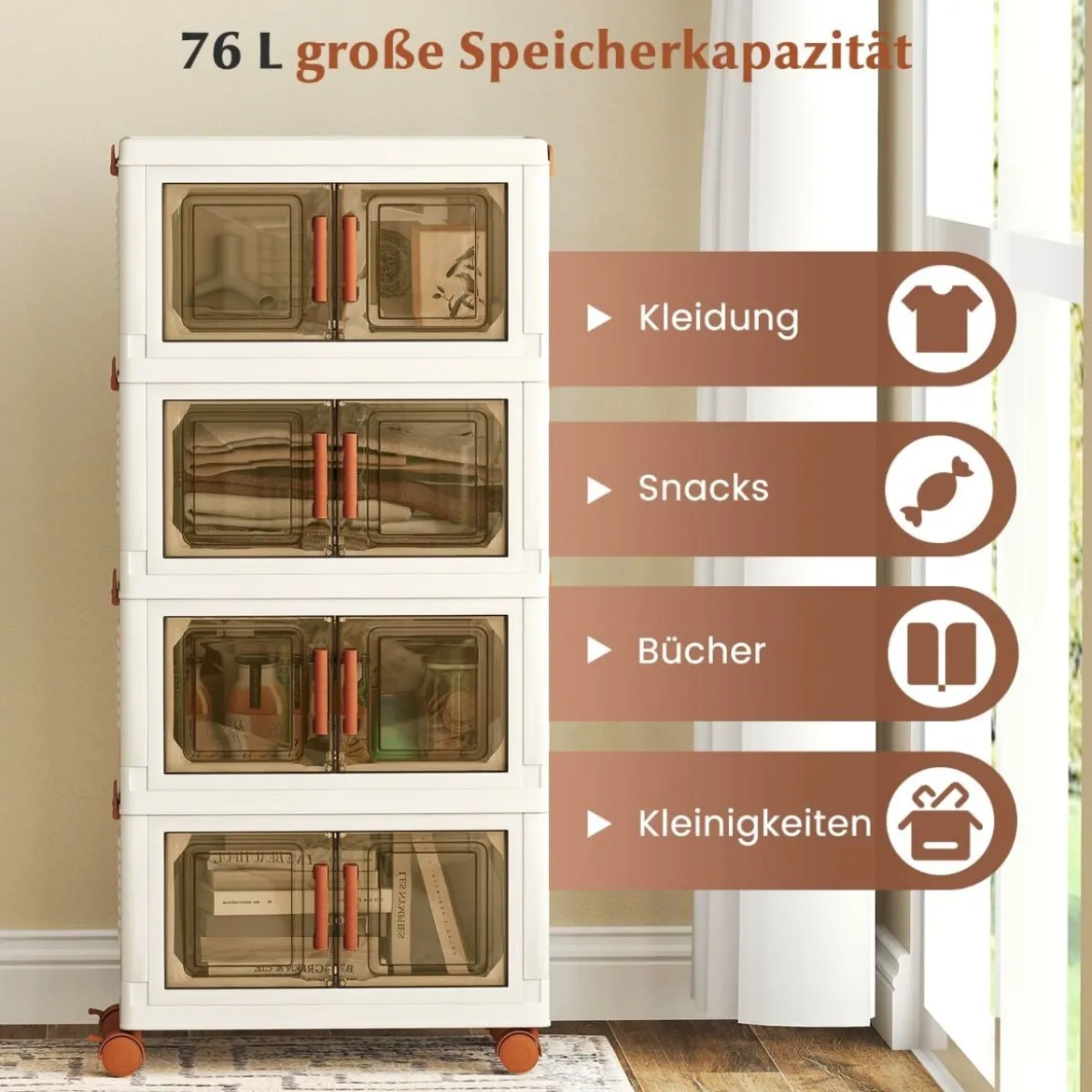 Aufbewahrungsbox mit Deckel & Rollen & Transparenten Türen Faltbare Stapelboxen Kunststoffbox