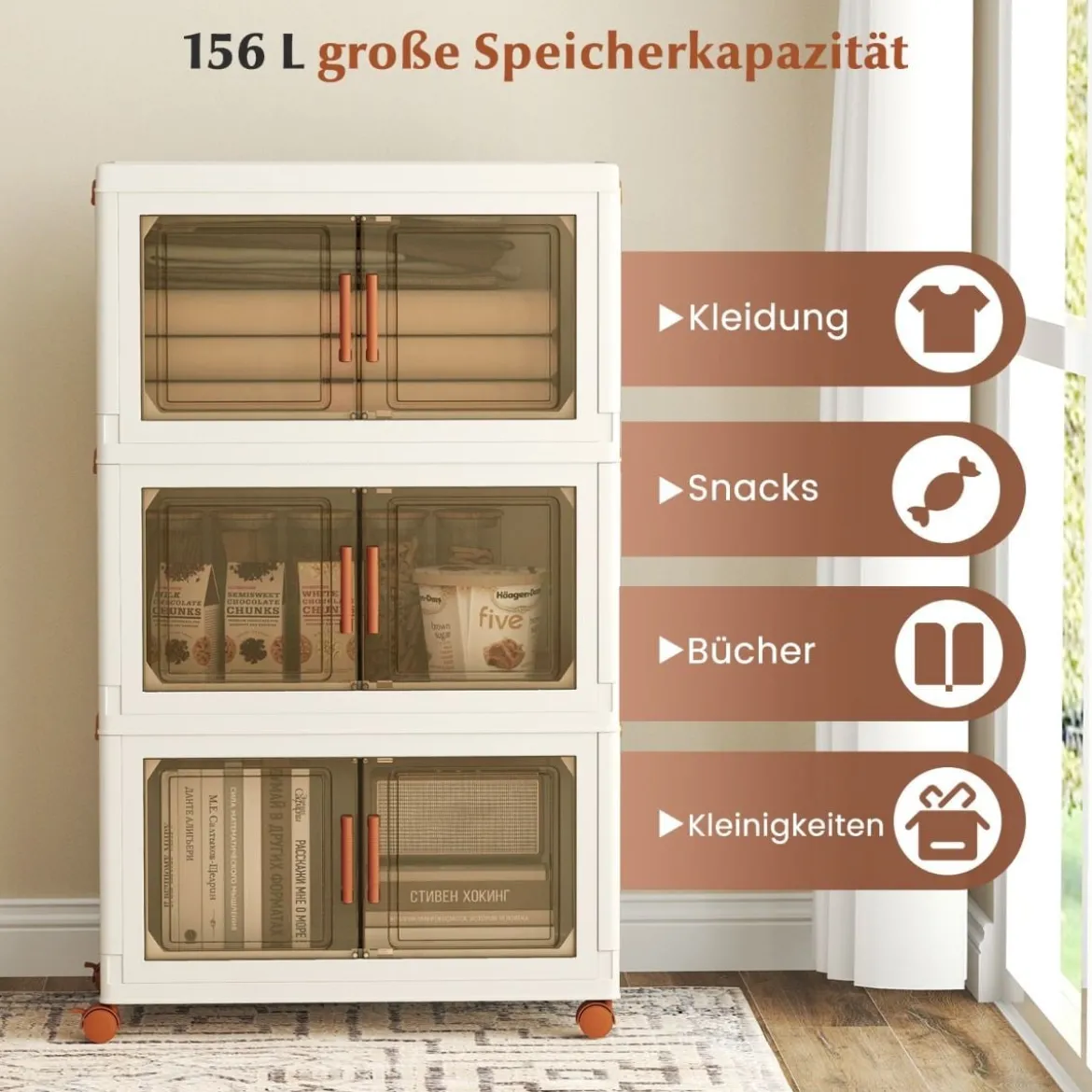Aufbewahrungsbox mit Deckel & Rollen & Transparenten Türen Faltbare Stapelboxen Kunststoffbox