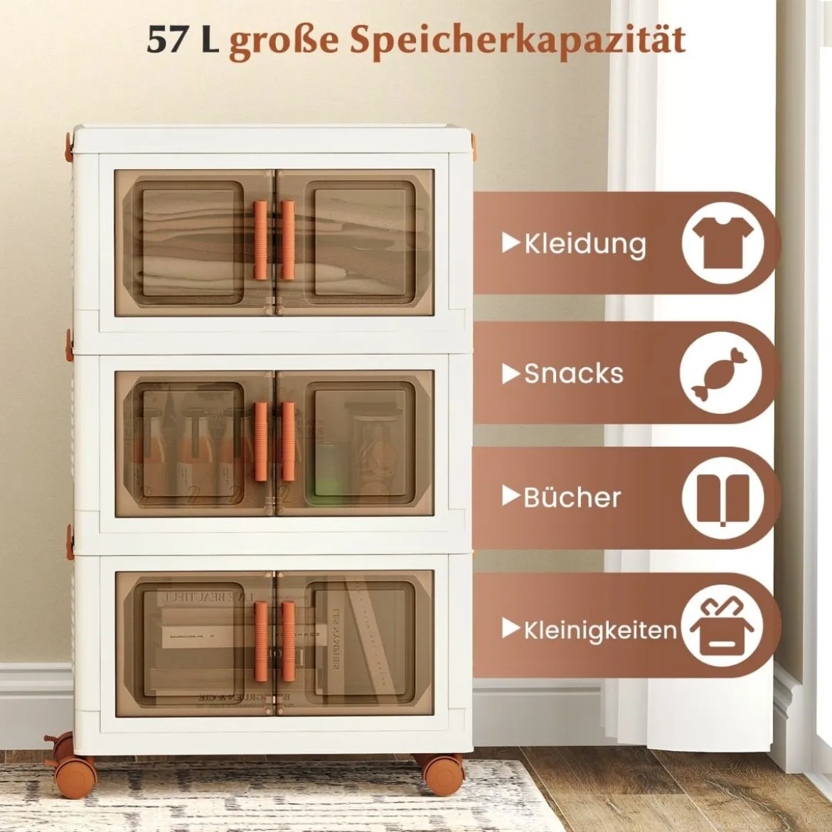 Aufbewahrungsbox mit Deckel & Rollen & Transparenten Türen Faltbare Stapelboxen Kunststoffbox