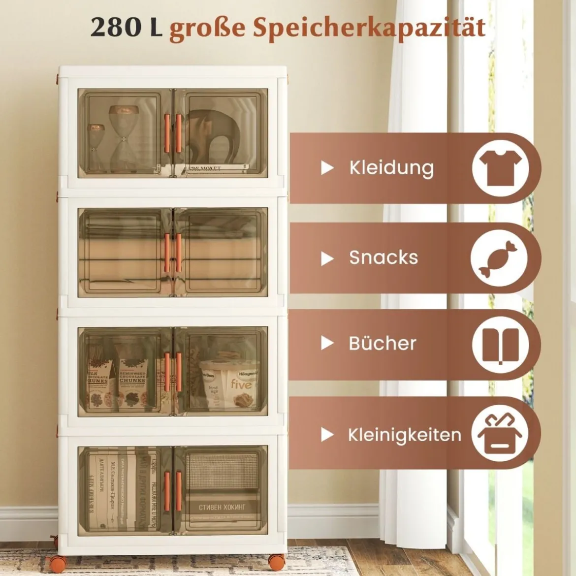 Aufbewahrungsbox mit Deckel & Rollen & Transparenten Türen Faltbare Stapelboxen Kunststoffbox
