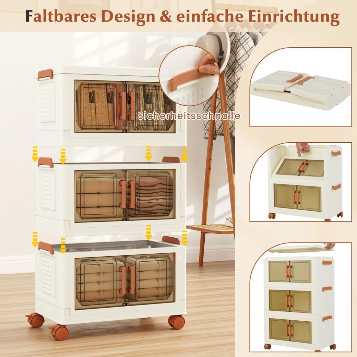 Aufbewahrungsbox mit Deckel & Rollen & Transparenten Türen Faltbare Stapelboxen Kunststoffbox