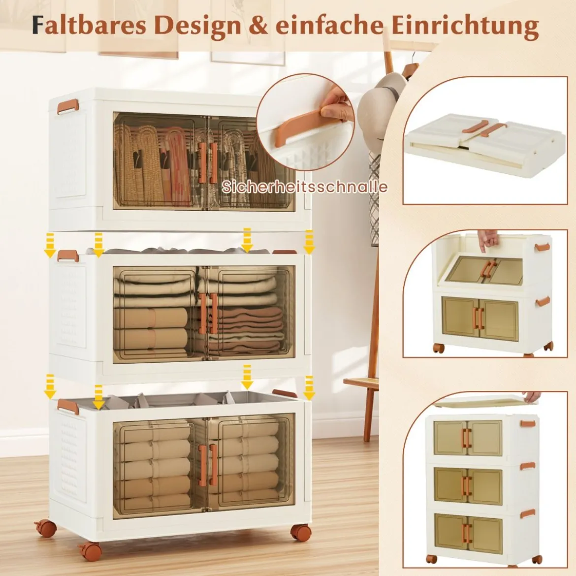 Aufbewahrungsbox mit Deckel & Rollen & Transparenten Türen Faltbare Stapelboxen Kunststoffbox