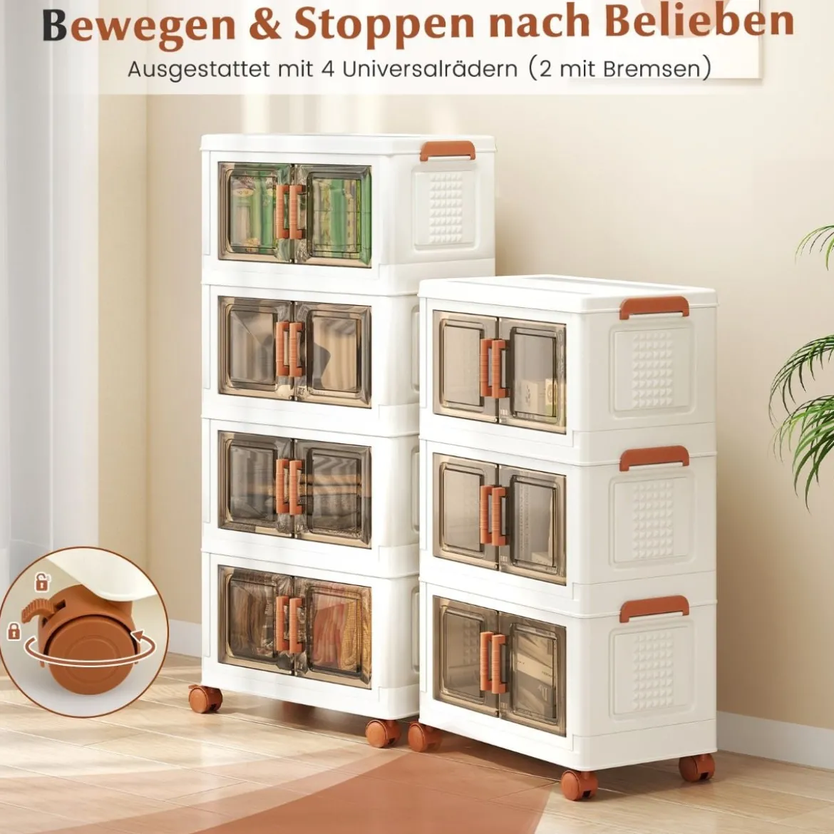 Aufbewahrungsbox mit Deckel & Rollen & Transparenten Türen Faltbare Stapelboxen Kunststoffbox