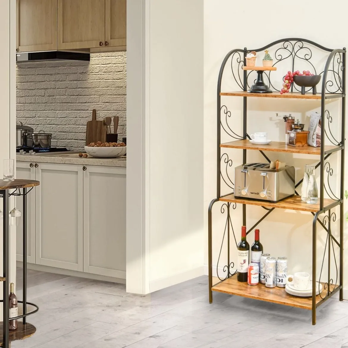 Aufbewahrungsregal 4-stöckiges industrielles Sideboard mit offenen Ablagen X-Stange Kippsicherung Braun