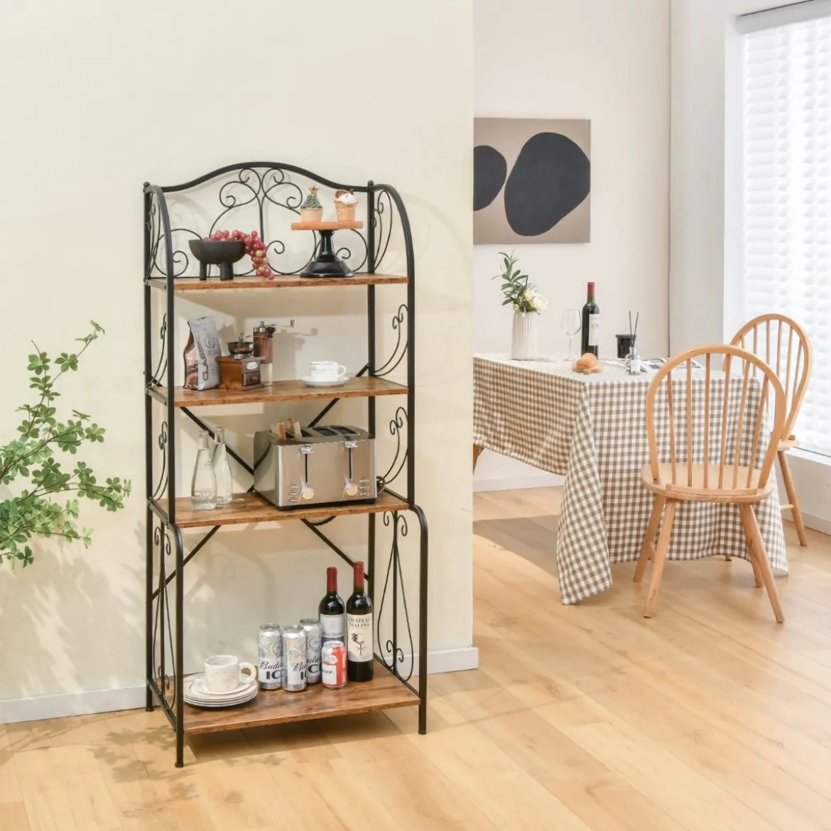 Aufbewahrungsregal 4-stöckiges industrielles Sideboard mit offenen Ablagen X-Stange Kippsicherung Braun