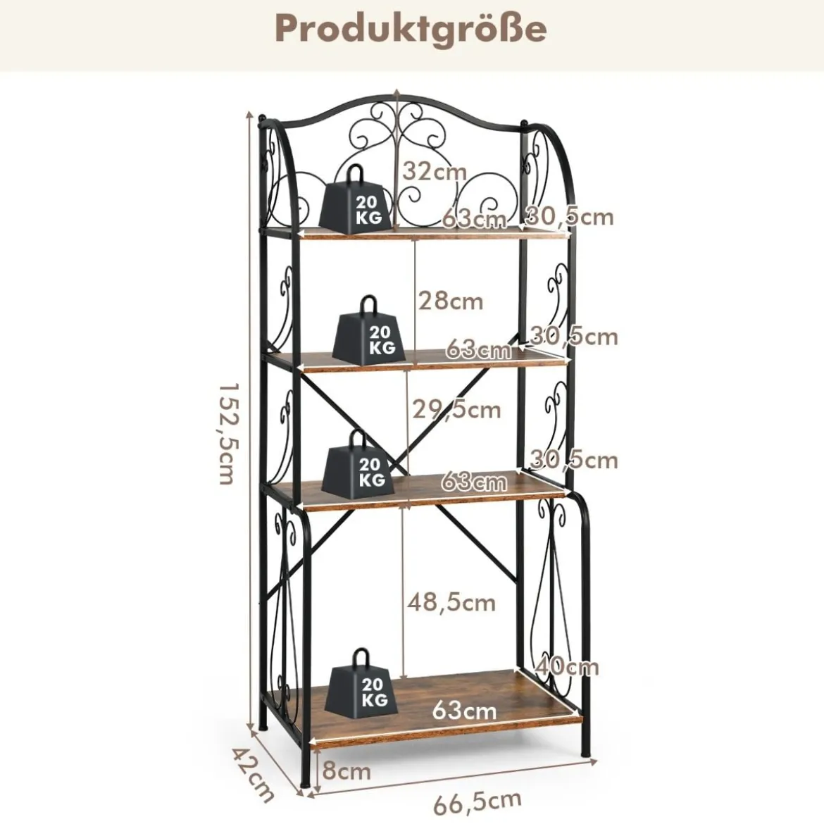 Aufbewahrungsregal 4-stöckiges industrielles Sideboard mit offenen Ablagen X-Stange Kippsicherung Braun