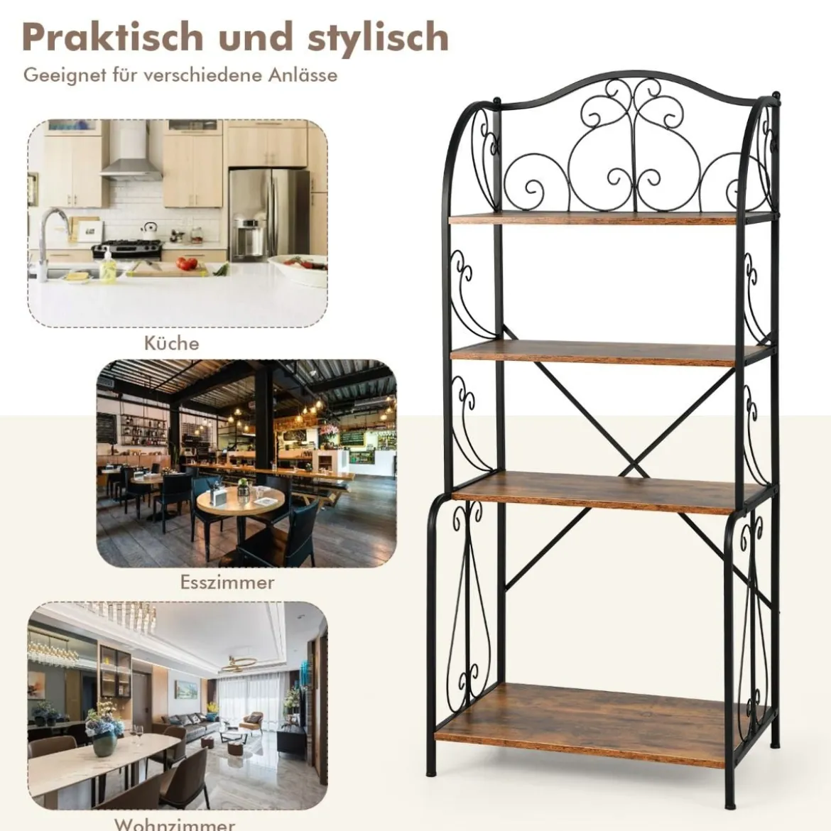 Aufbewahrungsregal 4-stöckiges industrielles Sideboard mit offenen Ablagen X-Stange Kippsicherung Braun