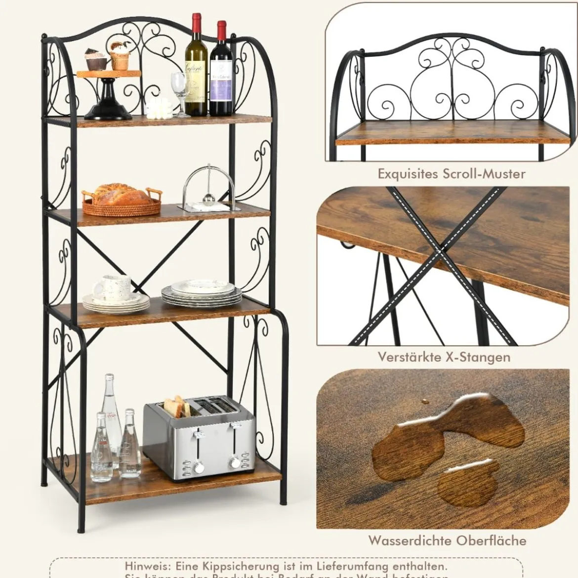 Aufbewahrungsregal 4-stöckiges industrielles Sideboard mit offenen Ablagen X-Stange Kippsicherung Braun