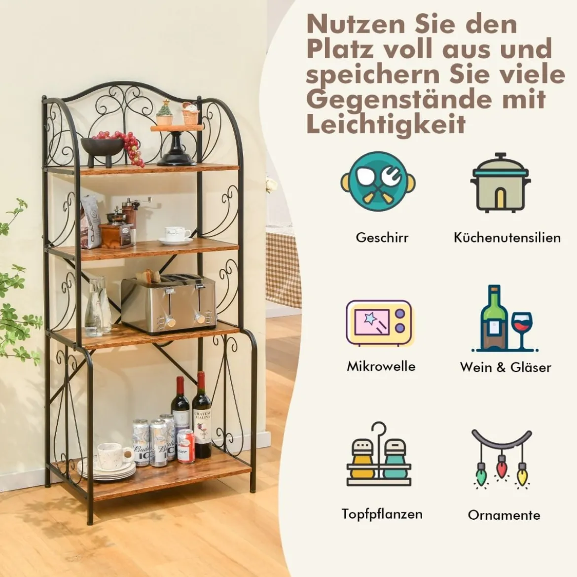 Aufbewahrungsregal 4-stöckiges industrielles Sideboard mit offenen Ablagen X-Stange Kippsicherung Braun