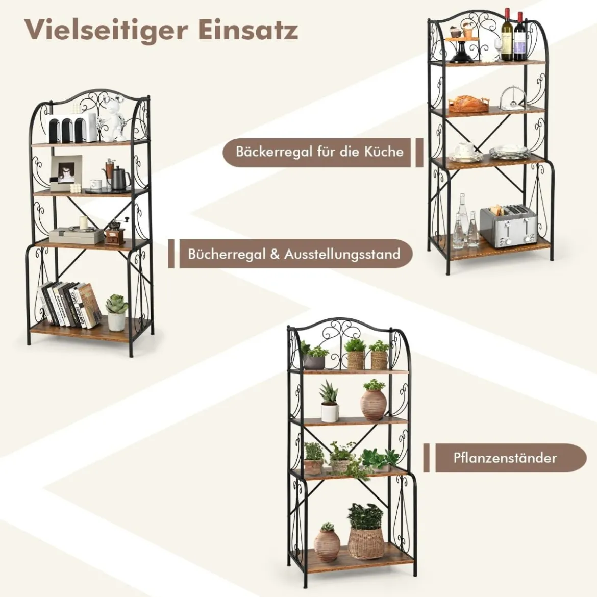 Aufbewahrungsregal 4-stöckiges industrielles Sideboard mit offenen Ablagen X-Stange Kippsicherung Braun