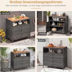 Aufbewahrungsschrank aus Rattan mit Arbeitsplatte aus Akazienholz & Offenes Fach