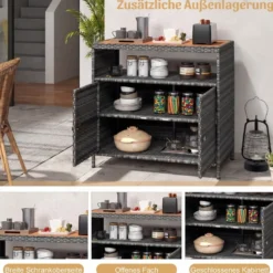 Aufbewahrungsschrank aus Rattan mit Arbeitsplatte aus Akazienholz & Offenes Fach