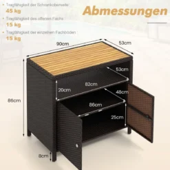 Aufbewahrungsschrank aus Rattan mit Arbeitsplatte aus Akazienholz & Offenes Fach