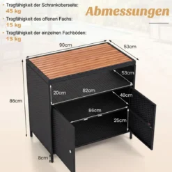 Aufbewahrungsschrank aus Rattan mit Arbeitsplatte aus Akazienholz & Offenes Fach