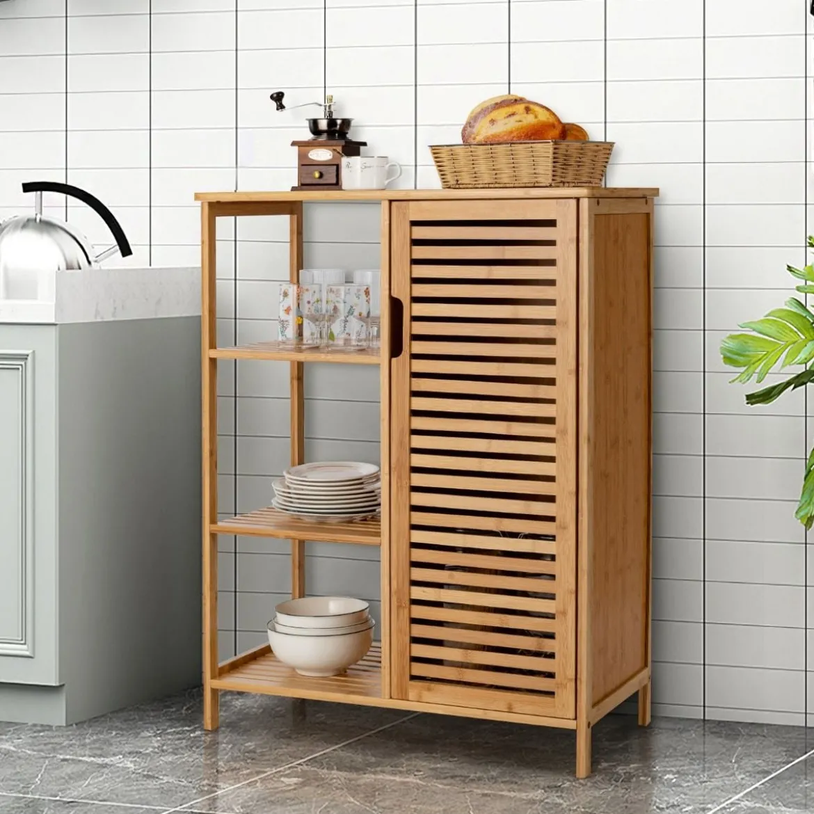 Aufbewahrungsschrank Mehrzweckschrank aus Bambus Badschrank mit 3-stufiges offenes Regal & Schrank Kommode