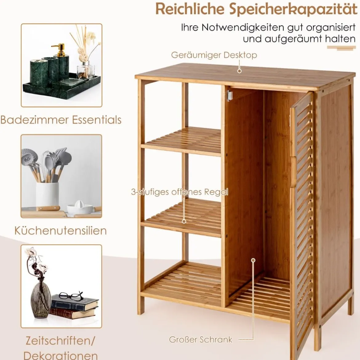 Aufbewahrungsschrank Mehrzweckschrank aus Bambus Badschrank mit 3-stufiges offenes Regal & Schrank Kommode
