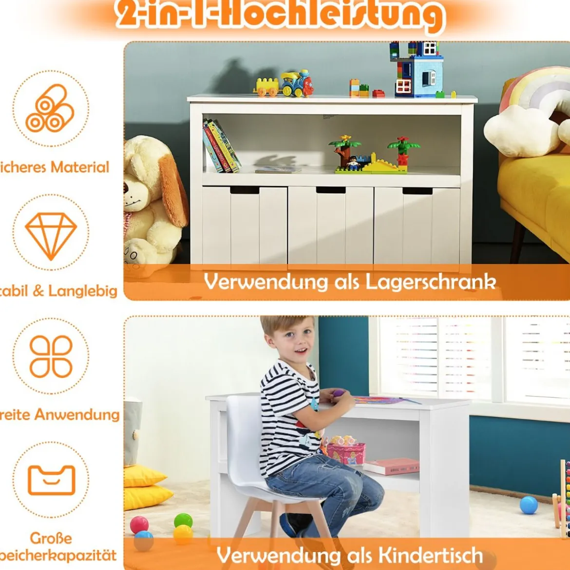 Aufbewahrungsschrank mit Schubladen Holz-Kinderschrank mit Rädern 101 x 33 x 62cm Weiß