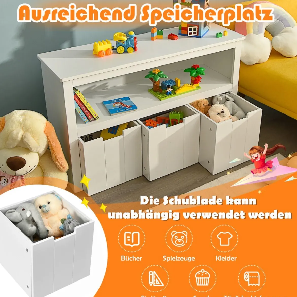 Aufbewahrungsschrank mit Schubladen Holz-Kinderschrank mit Rädern 101 x 33 x 62cm Weiß