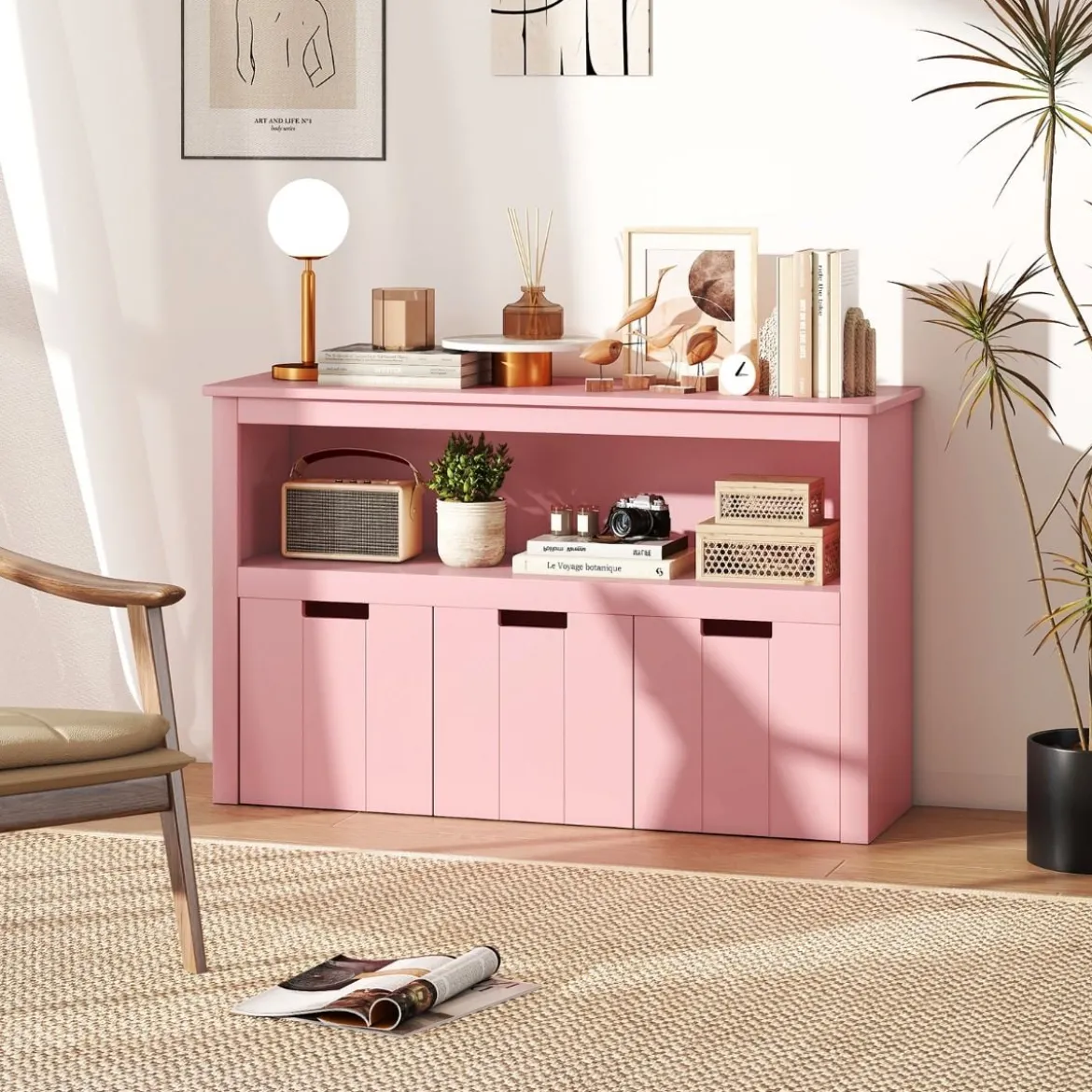 Aufbewahrungsschrank mit Schubladen Holz-Kinderschrank mit Rädern 101 x 33 x 62 cm Rosa