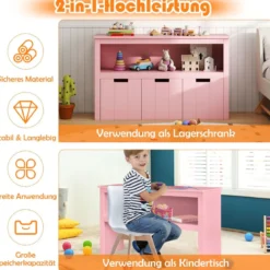Aufbewahrungsschrank mit Schubladen Holz-Kinderschrank mit Rädern 101 x 33 x 62 cm Rosa