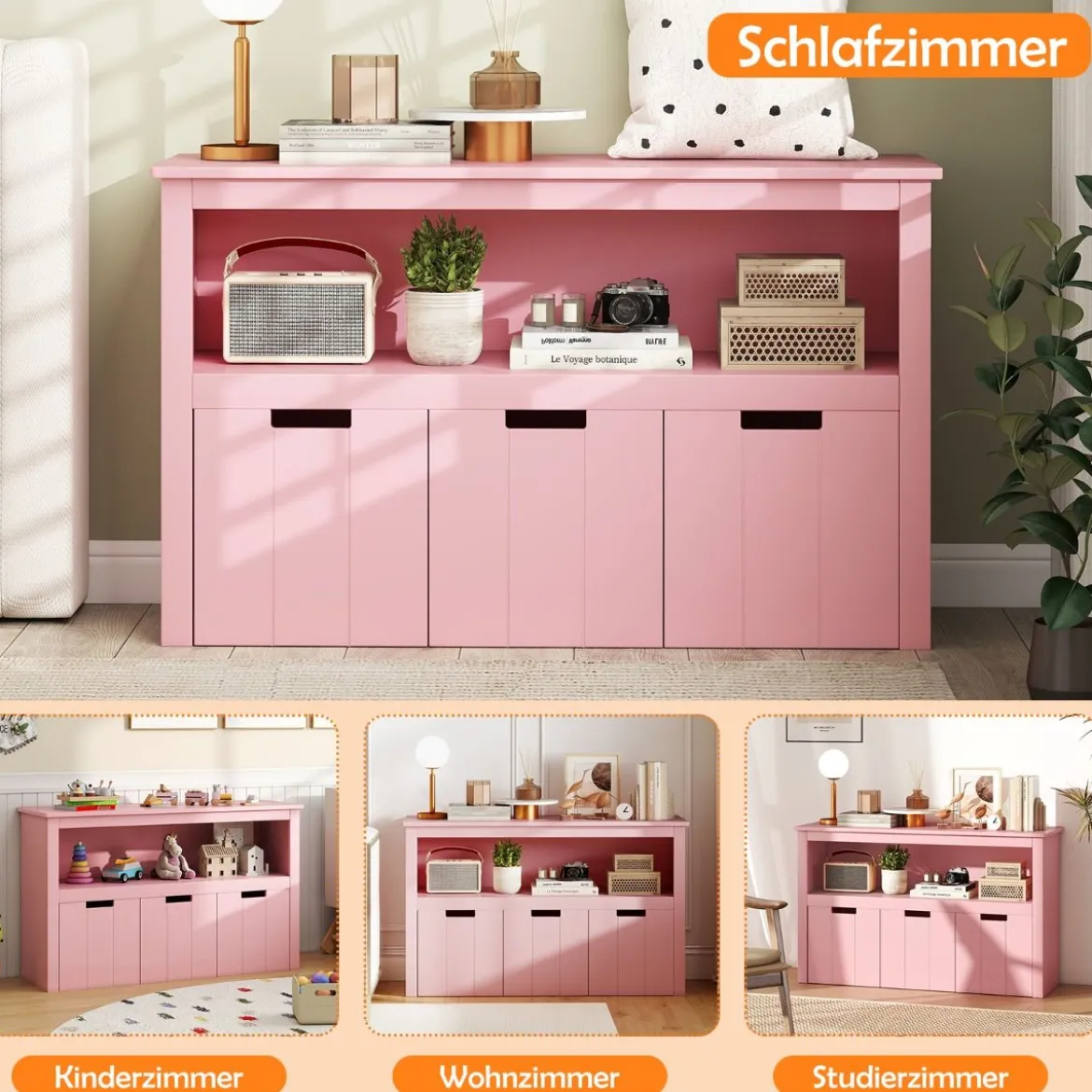 Aufbewahrungsschrank mit Schubladen Holz-Kinderschrank mit Rädern 101 x 33 x 62 cm Rosa