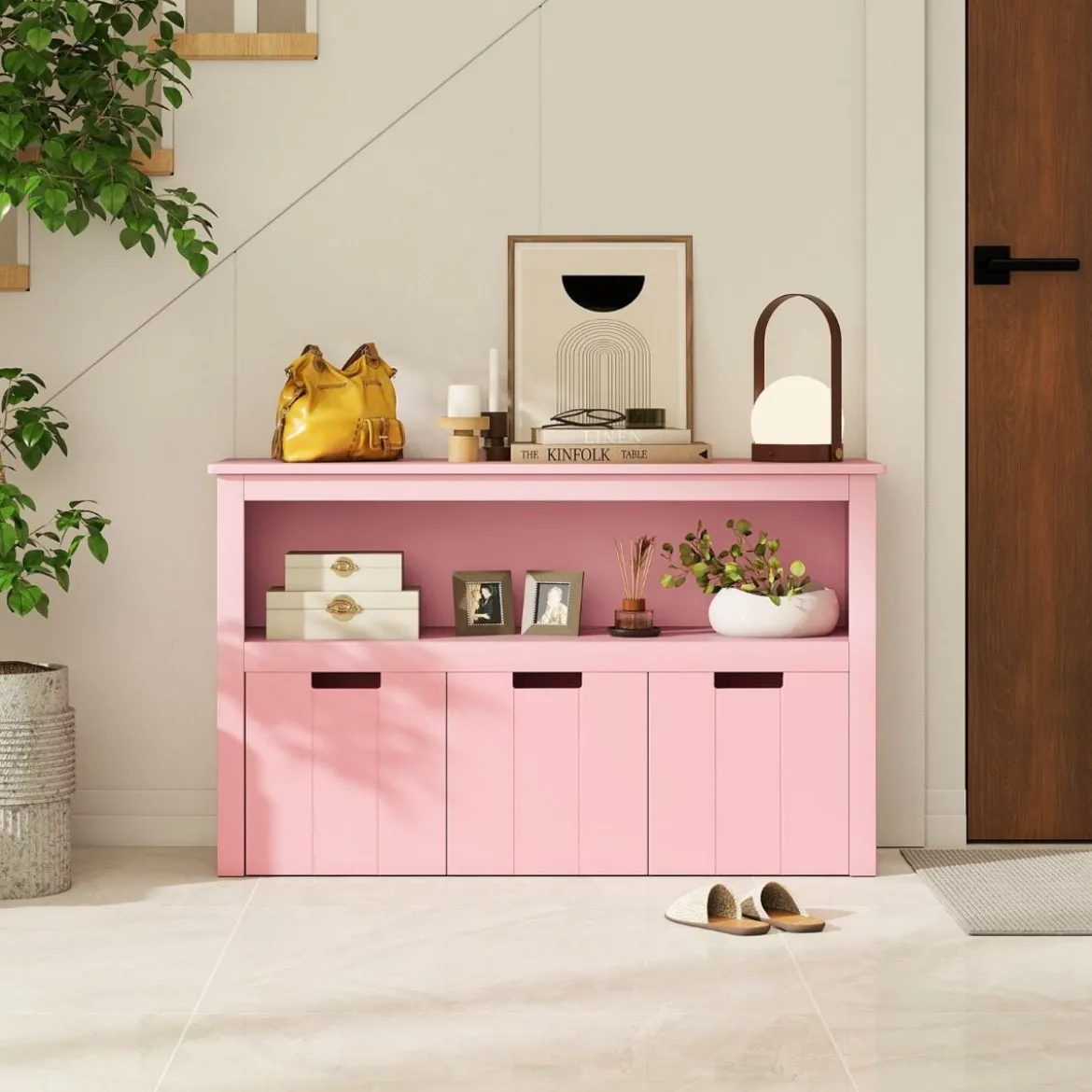 Aufbewahrungsschrank mit Schubladen Holz-Kinderschrank mit Rädern 101 x 33 x 62 cm Rosa