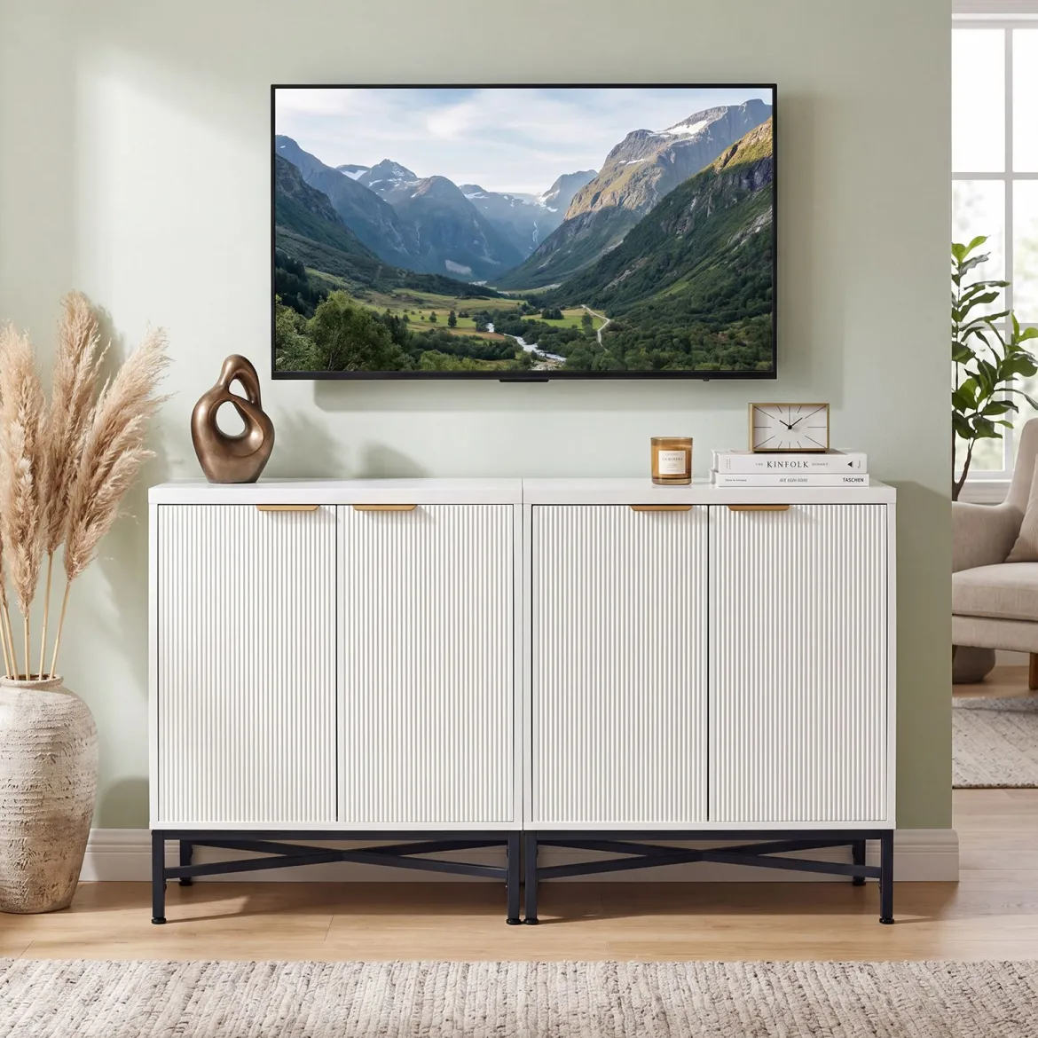 Aufbewahrungsschrank Sideboard aus Holz mit Geriffelten Türen & Robustem Metallgestell Weiß
