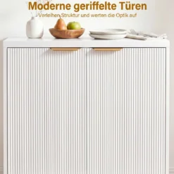 Aufbewahrungsschrank Sideboard aus Holz mit Geriffelten Türen & Robustem Metallgestell Weiß