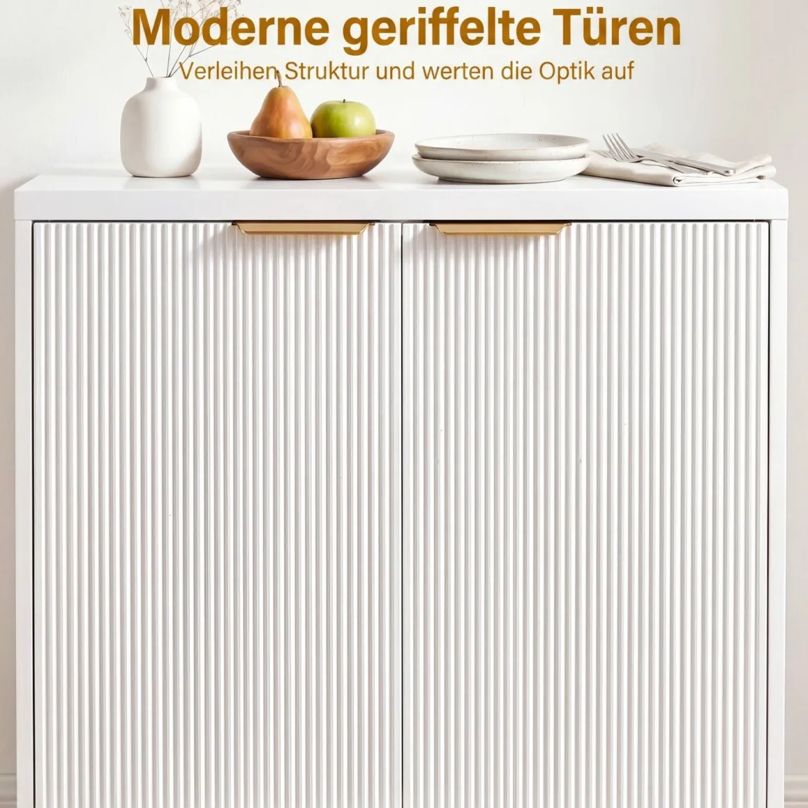Aufbewahrungsschrank Sideboard aus Holz mit Geriffelten Türen & Robustem Metallgestell Weiß