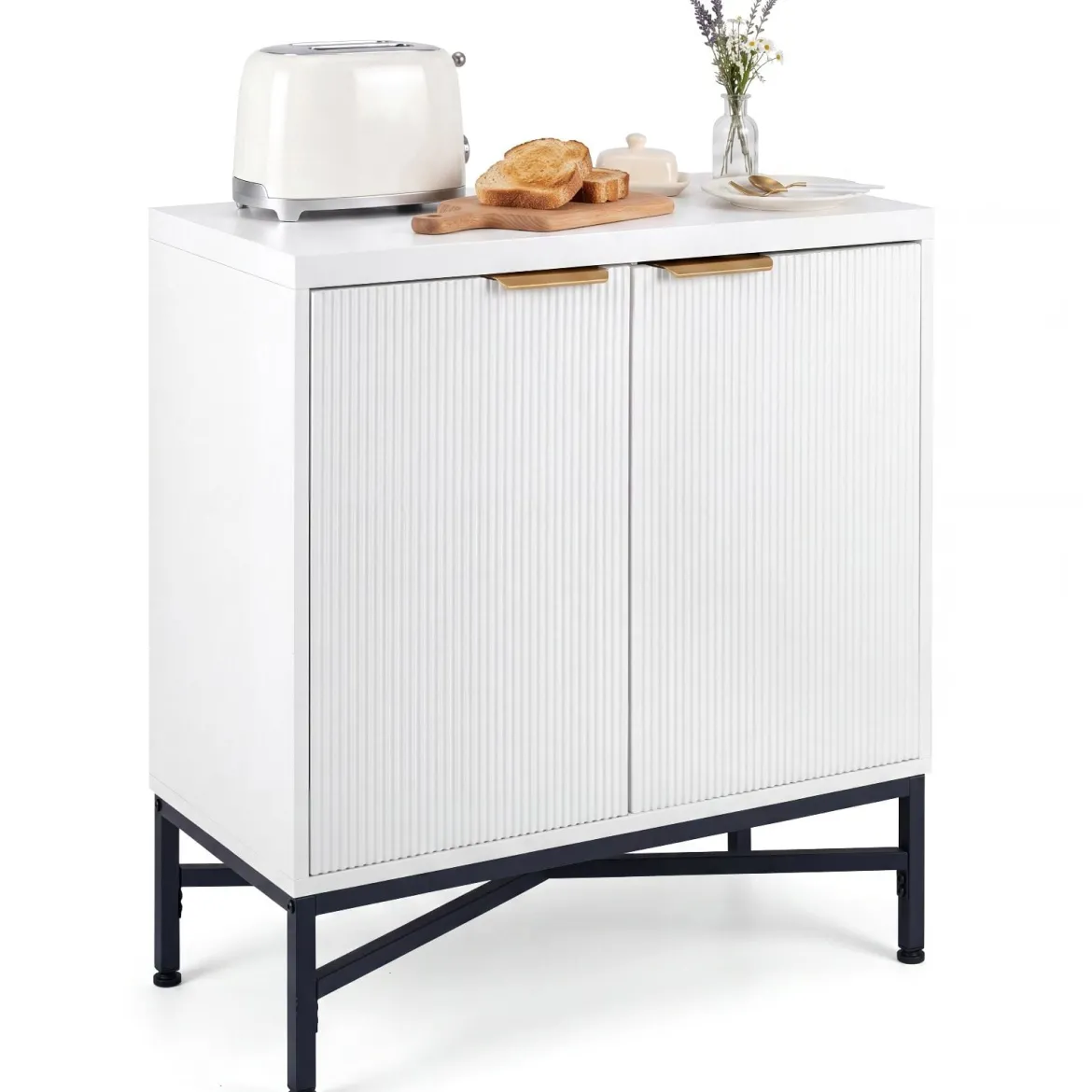 Aufbewahrungsschrank Sideboard aus Holz mit Geriffelten Türen & Robustem Metallgestell Weiß