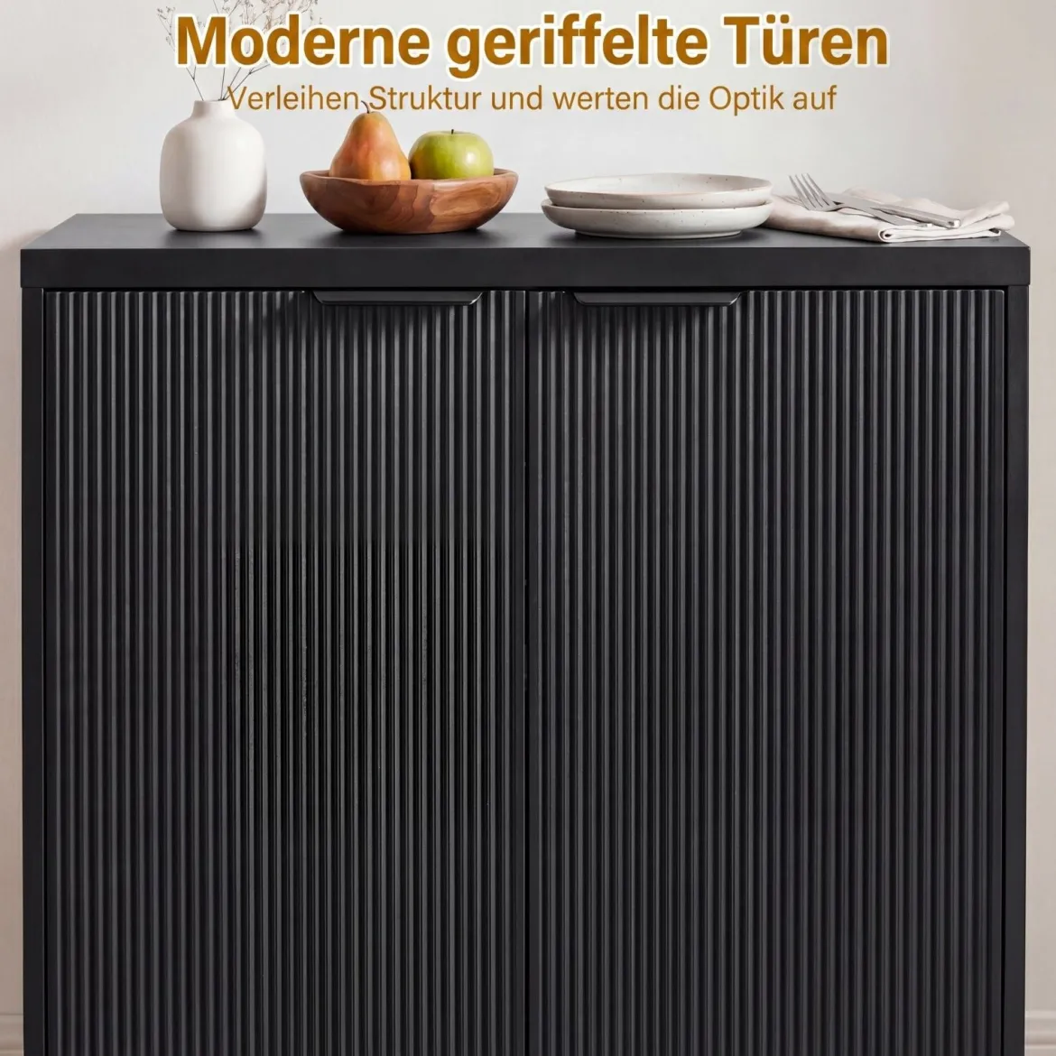 Aufbewahrungsschrank Sideboard aus Holz mit Geriffelten Türen & Robustem Metallgestell Schwarz