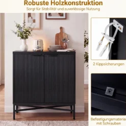 Aufbewahrungsschrank Sideboard aus Holz mit Geriffelten Türen & Robustem Metallgestell Schwarz