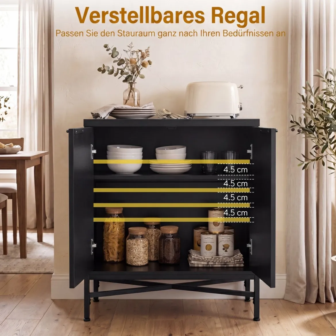 Aufbewahrungsschrank Sideboard aus Holz mit Geriffelten Türen & Robustem Metallgestell Schwarz