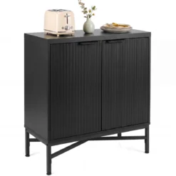 Aufbewahrungsschrank Sideboard aus Holz mit Geriffelten Türen & Robustem Metallgestell Schwarz
