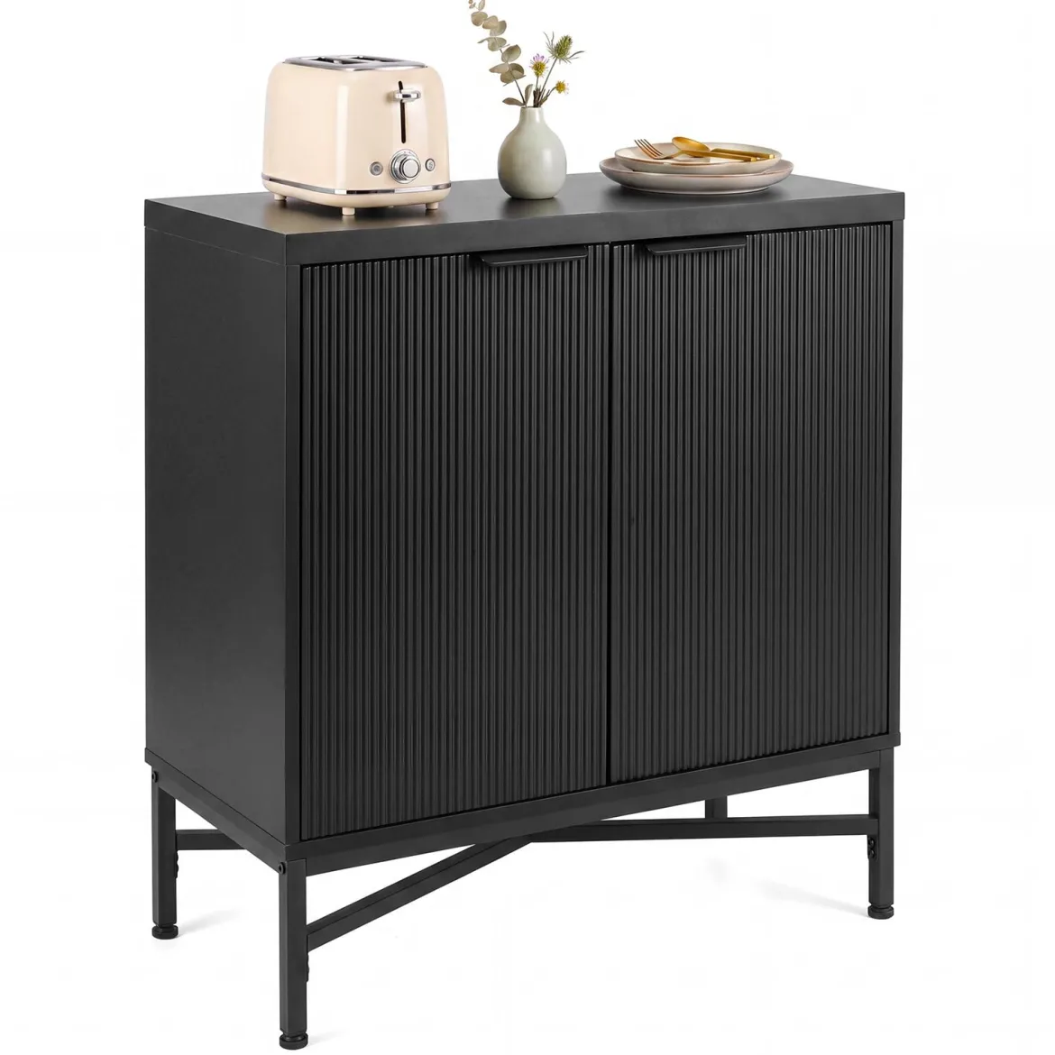 Aufbewahrungsschrank Sideboard aus Holz mit Geriffelten Türen & Robustem Metallgestell Schwarz