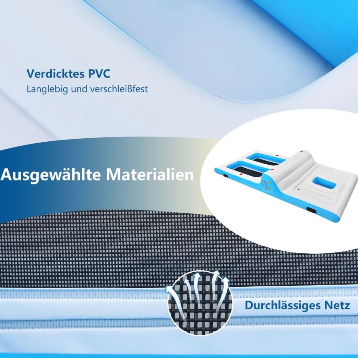 Aufblasbare Badeinsel mit 130W Luftpumpe für 4 Erwachsene 366 x 197 x 66 cm Weiß + Blau