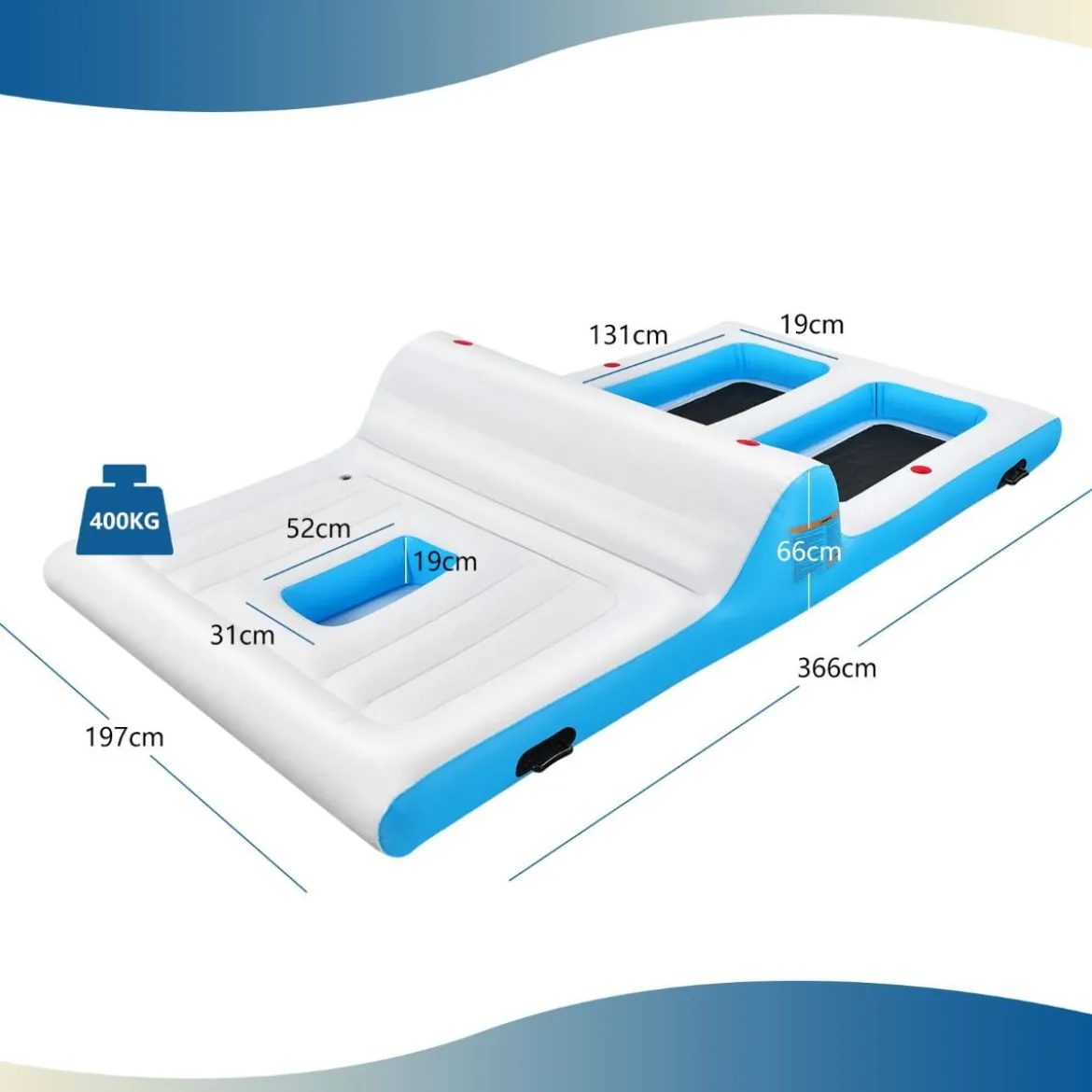 Aufblasbare Badeinsel mit 130W Luftpumpe für 4 Erwachsene 366 x 197 x 66 cm Weiß + Blau