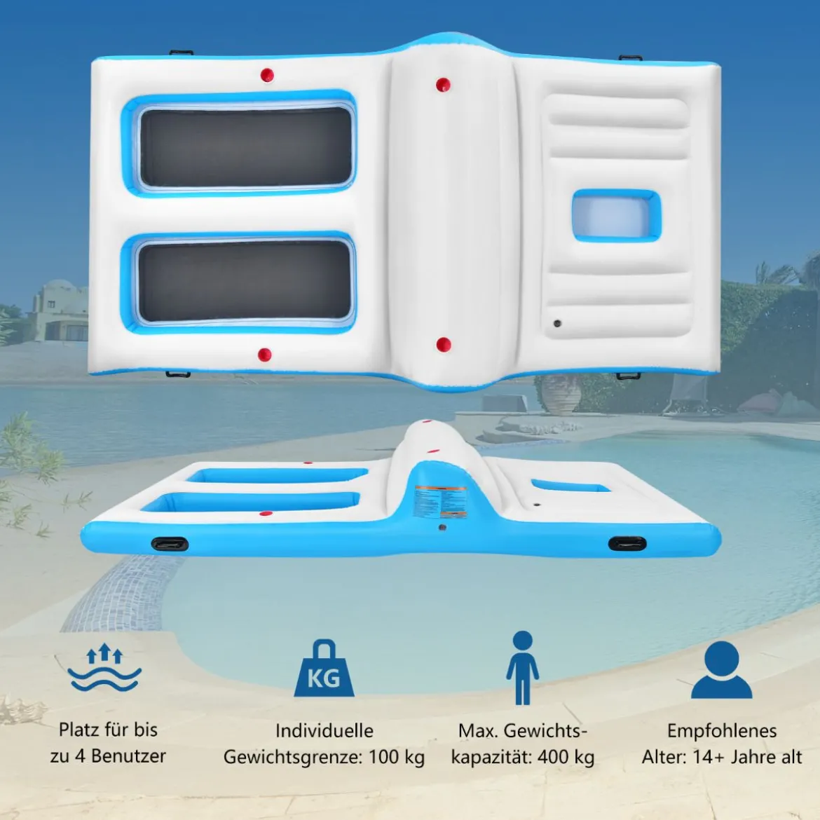 Aufblasbare Badeinsel mit 130W Luftpumpe für 4 Erwachsene 366 x 197 x 66 cm Weiß + Blau