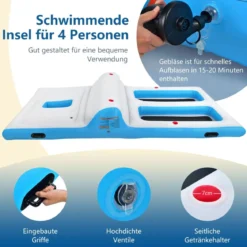 Aufblasbare Badeinsel mit 130W Luftpumpe für 4 Erwachsene 366 x 197 x 66 cm Weiß + Blau