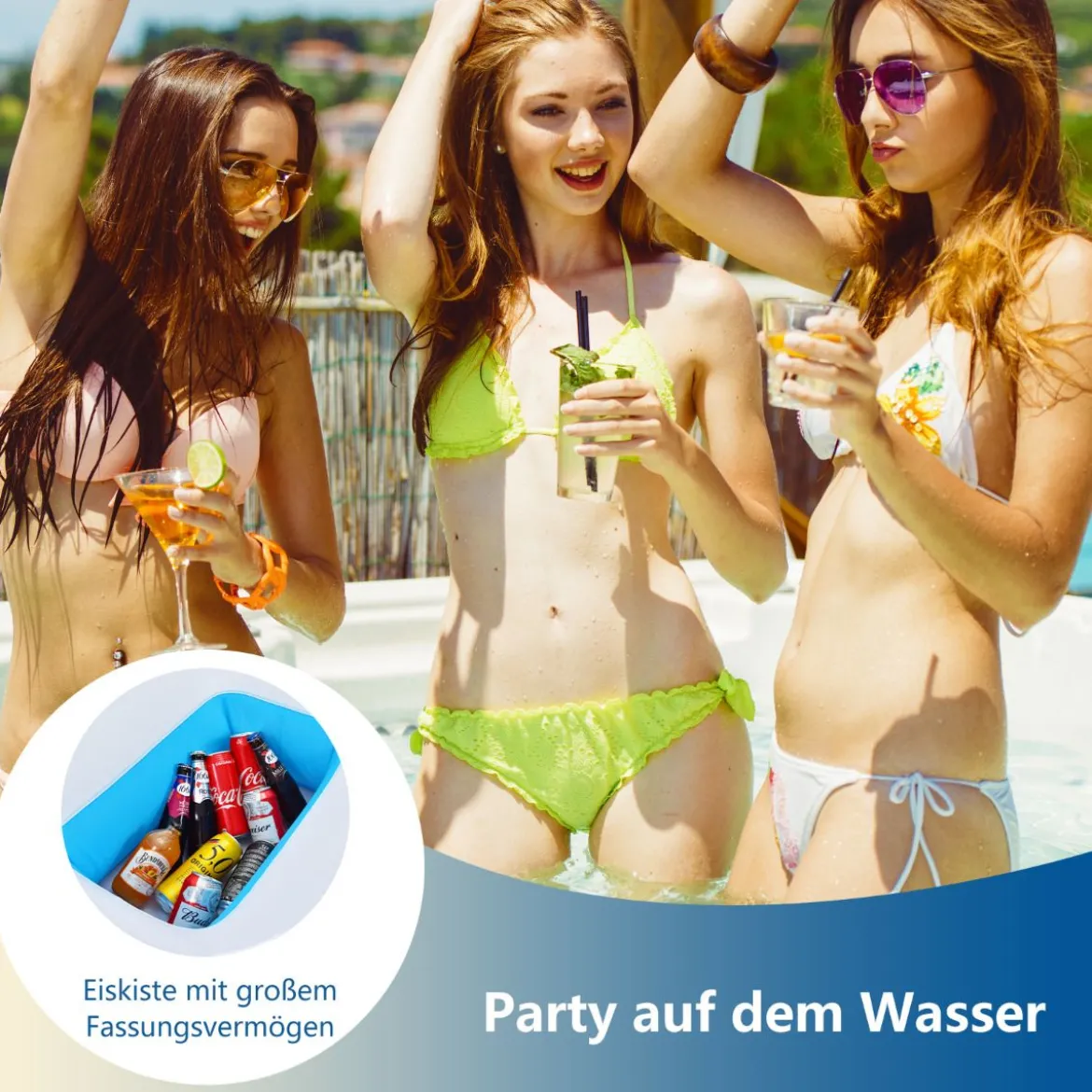 Aufblasbare Badeinsel mit 130W Luftpumpe für 4 Erwachsene 366 x 197 x 66 cm Weiß + Blau