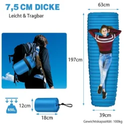 Aufblasbare Camping-Schlafmatte Wasserdichte Schlafunterlage 197 x 63 x 7 cm Blau