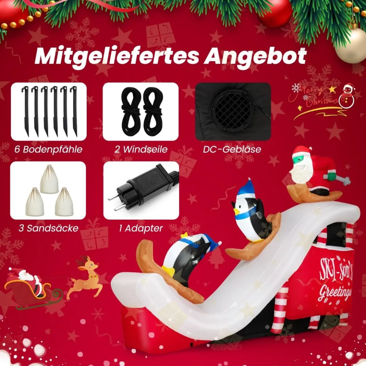 Aufblasbare Deko Weihnachten Weihnachtsmann & Pinguinen 280 x 70 x 220 cm Weiß + Rot